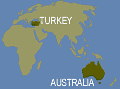 World map showing relation of Turkey to Australia